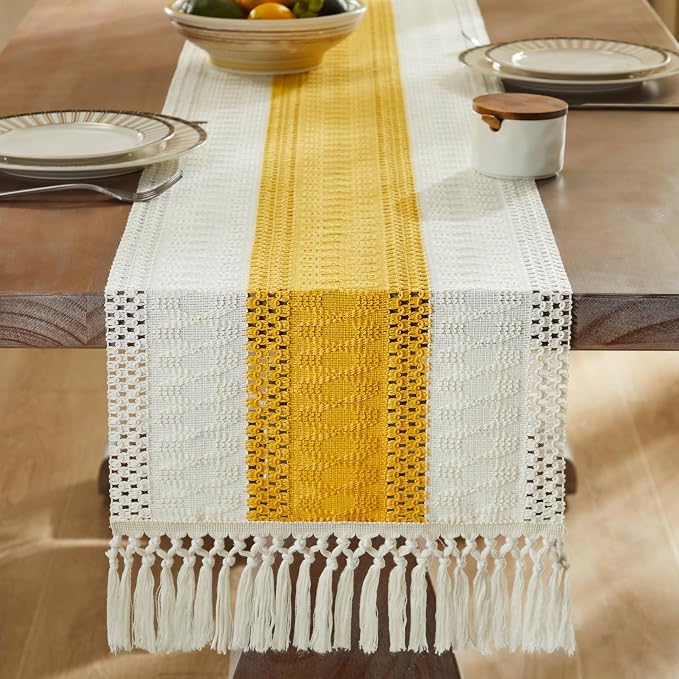 Macrame Style Bicolor Stitching Table Runner 14x72in Mustard | Woven Boho Table - Image 3