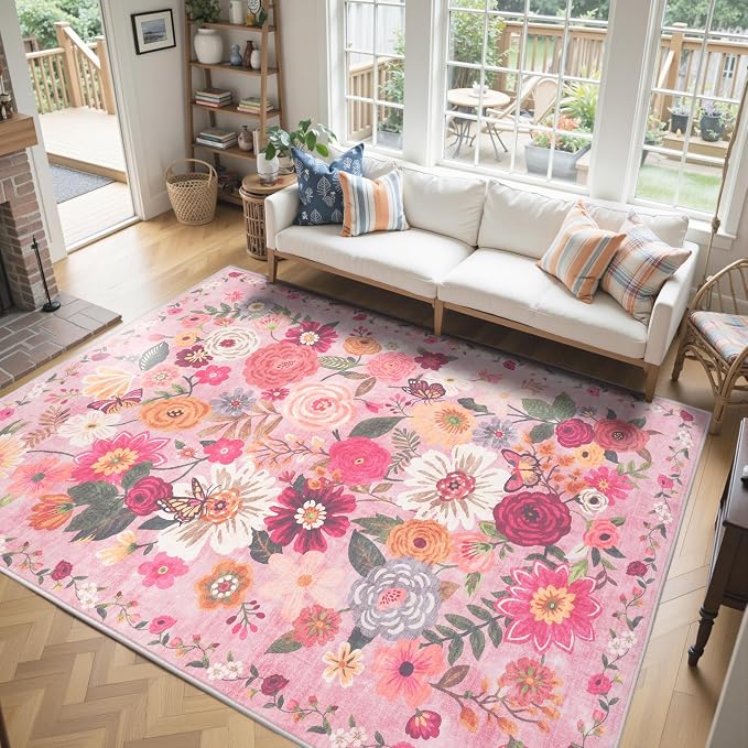 Pink Area Rugs 9x12 Washable Non Slip Floral Low Pile Large Rug - Image 5