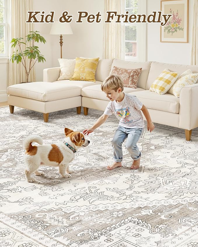 10x12 Vintage Area Rug: Washable Neutral Soft Non Slip Thin Large Floor Carpet - Image 6