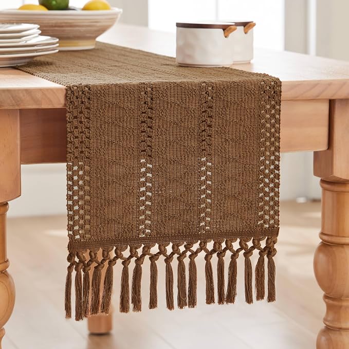 Macrame Style Boho Table Runner, 12x90 Inch Caramel | Woven Boho Table Runner - Image 7