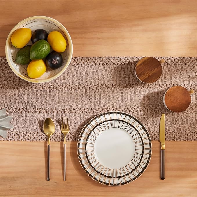 Macrame Style Boho Table Runner, 12x108 Inch Taupe | Woven Boho Table Runner - Image 4