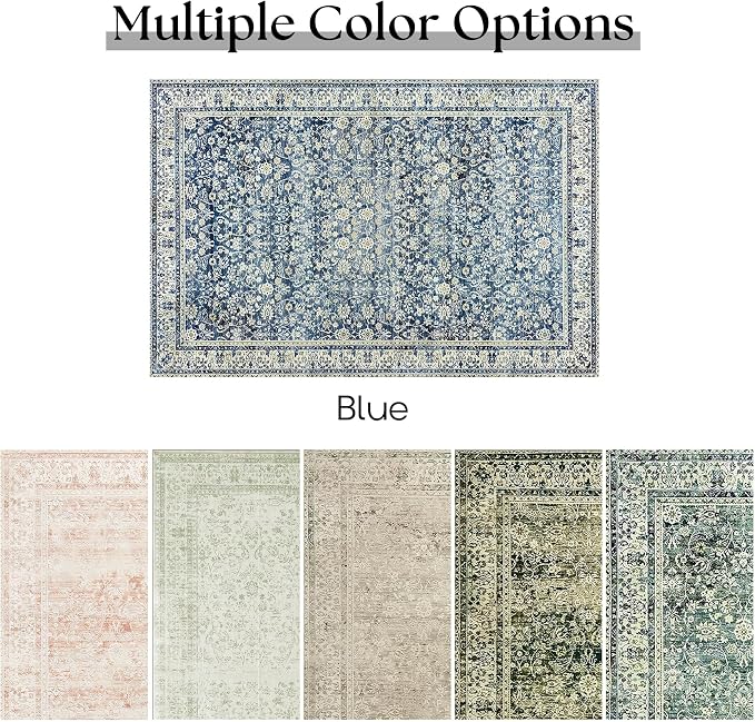 Blue 2x6 Runner Rug for Hallway Low Pile Kitchen Rugs Non Slip Washable Vintage - Image 7