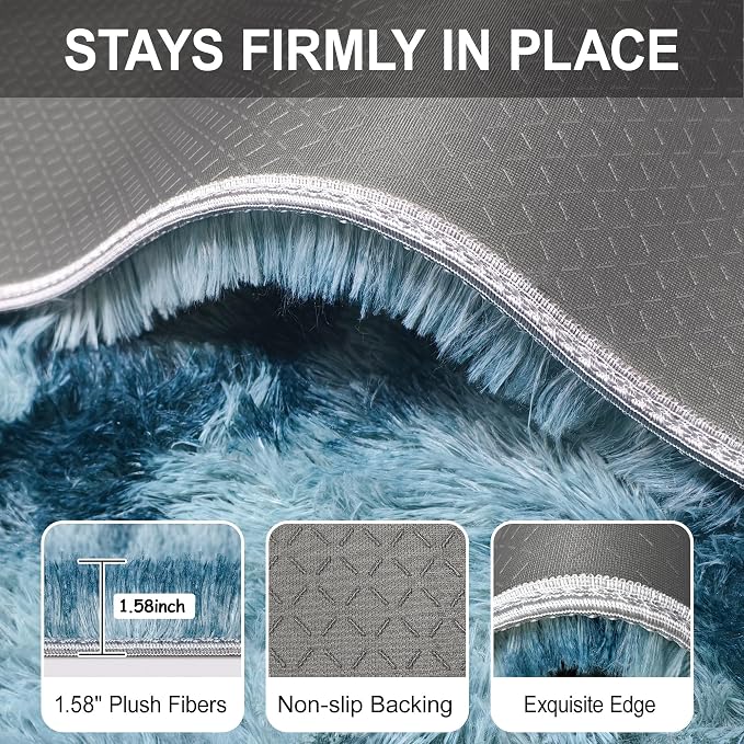 2x8 ft Plush High Pile Blue Tie-Dyed Rug Fluffy Soft Runner Bedside Rug - Image 6