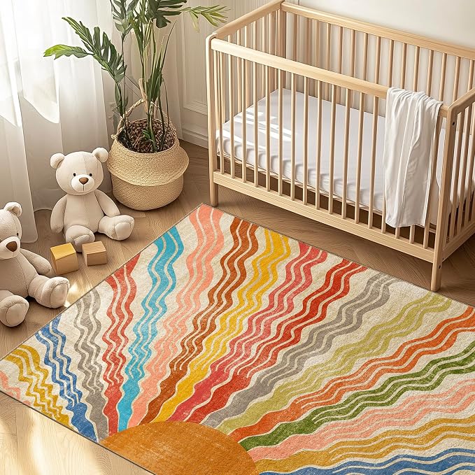 Washable 5x7 Sun Area Rug for Living Room, Rainbow Sun Modern Retro Large Area - Image 9