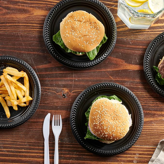 PLASTICPRO 100 PCS Black Plastic Plates Light Weight 7 Inch Plastic Dinner - Image 3