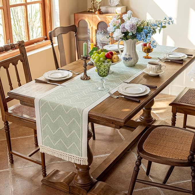14x119 Geometric Table Runner Waterproof Boho Dresser Scarf Tassels | Planning - Image 2