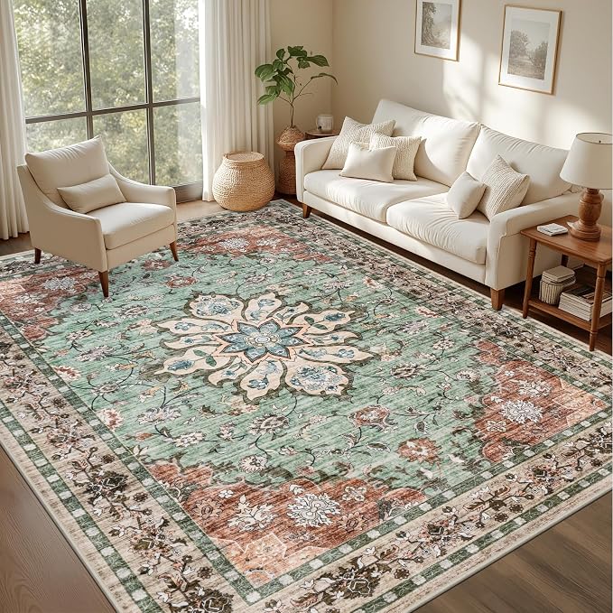 Area Rugs 10x12 Living Room Rug: Washable Rug Soft Vintage Distressed Floral - Image 2