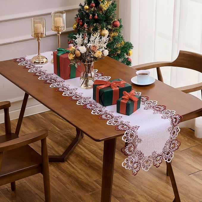 White Dark Red Jacquard Lace Table Runner 48 inches Long, Claret Dresser Scarf - Image 3