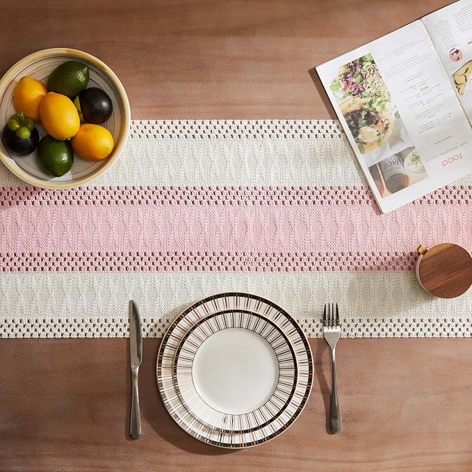 Macrame Style Bicolor Stitching Table Runner 14x60in Light Pink | Woven Boho - Image 4