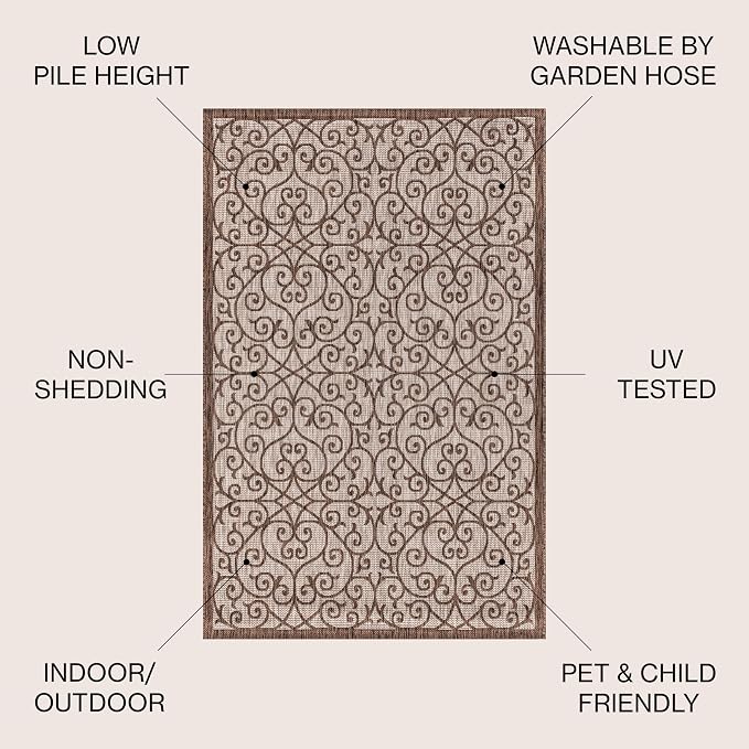 JONATHAN Y Vintage Filigree Indoor Outdoor Round Area Rug 9 Ft Taupe/Espresso - Image 3