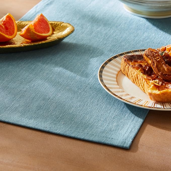 Rustic Cotton Linen Table Runner, 13x60 Inches River Blue | Farmhouse Style by ZEEMARTONLINE