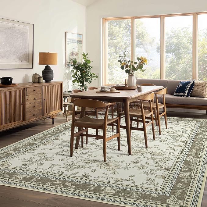 Boho Dining Room Rugs for Under Table 7x9 Washable Taupe Cream Beige Tan Floral - Image 2