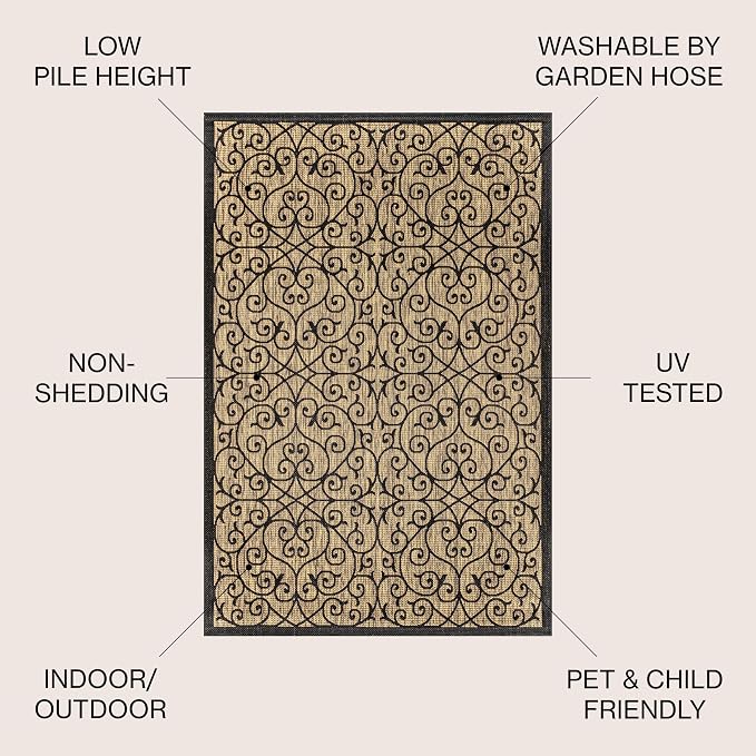 JONATHAN Y Vintage Filigree Indoor Outdoor Area Rug 5X8 Black/Khaki, Madrid - Image 2