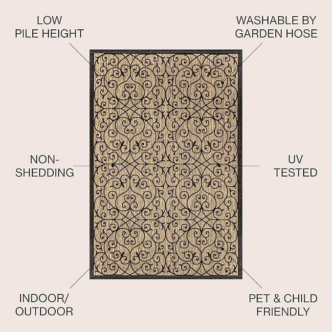 JONATHAN Y Vintage Filigree Indoor Outdoor Round Area Rug 3 Ft Black/Khaki - Image 2