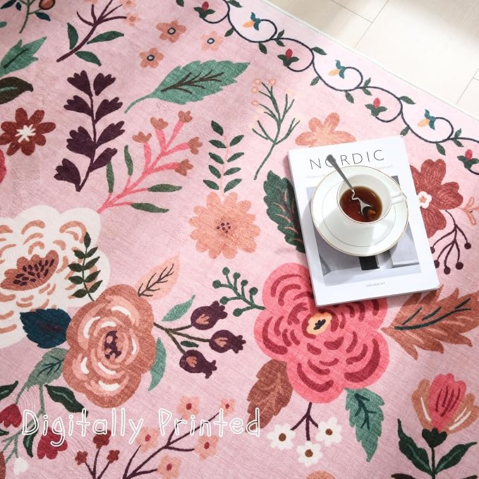 Rugcomf Round Rug 6ft Washable Circle Rug Non Slip Low Pile Boho Floral Small - Image 8