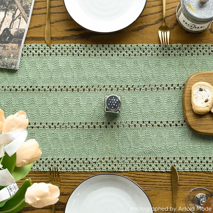 Artoid Mode Light Green Woven Farmhouse Hollow Table Runner 12x120 Inch | - Image 3