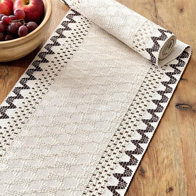 Macrame Side Trim Boho Woven Table Runner, Chocolate 12x90 Inch | Crochet - Image 4
