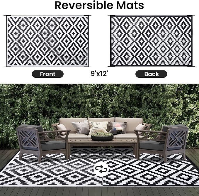 Smiry Waterproof Outdoor Rug 9x12 ft, Reversible Plastic Straw Patio Camping - Image 3