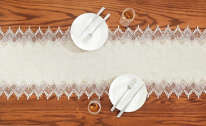 Natural Linen Table Runner 72 inches Beige Lace Coffee Table Runners | French - Image 6