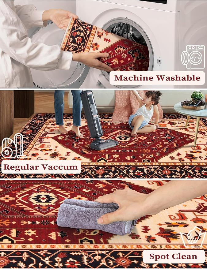 SERISSA Boho Washable Runner Rug, 2x5 Rug Runner Non-Slip Vintage Red Black - Image 2