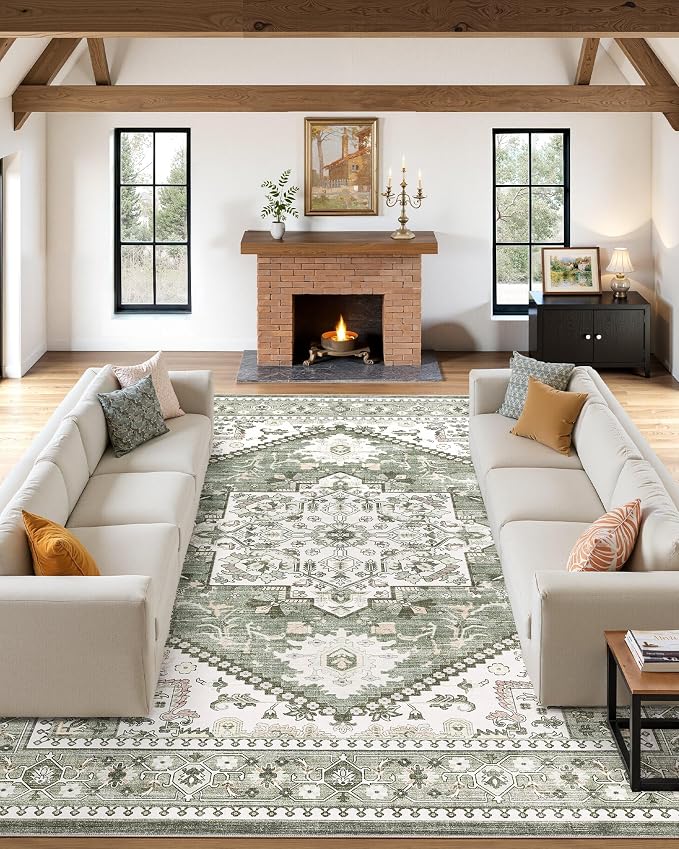 9x12 Vintage Area Rug: Washable Neutral Soft Non Slip Thin Large Floor Carpet - Image 3