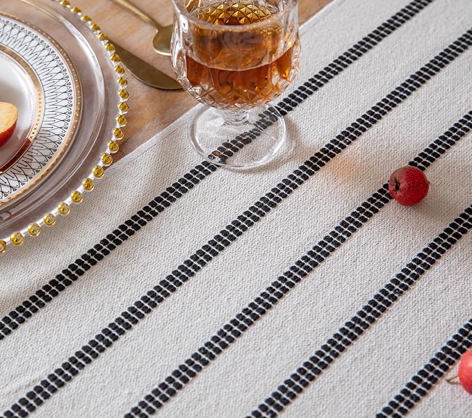 Caflife Boho Table Runner 108 Inchs Long Black and Beige, Cotton and Linen Woven - Image 3