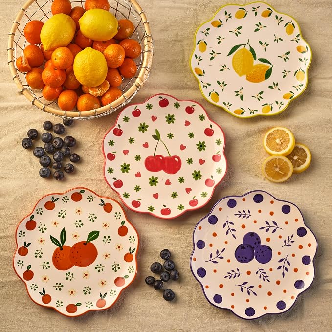 Bico Fruit Pop Scalloped Salad Plates Set of 4, 8.75 Inch Ceramic Dessert Plates - Image 3