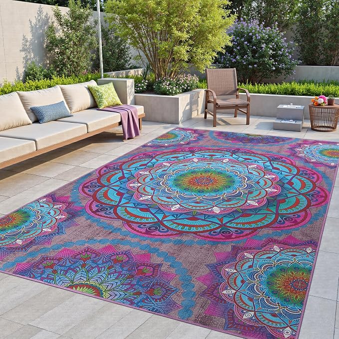 Arenarug Meditation Indoor Outdoor Rug 6x9 ft Mandala Pattern Rug Boho Style by ArenaRug