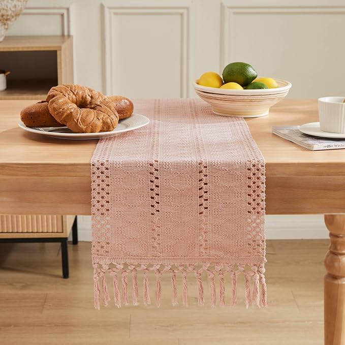 Macrame Style Boho Table Runner, 12x48 Inch Light Pink | Woven Boho Table Runner - Image 2