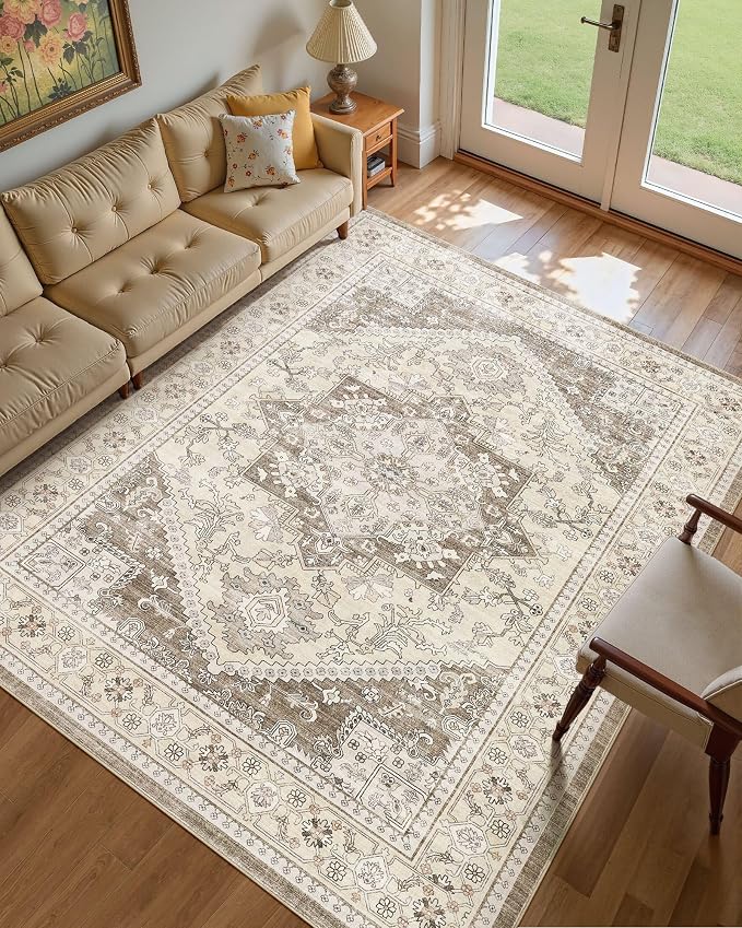 12x15 Vintage Area Rug: Washable Neutral Soft Non Slip Thin Large Floor Carpet - Image 2