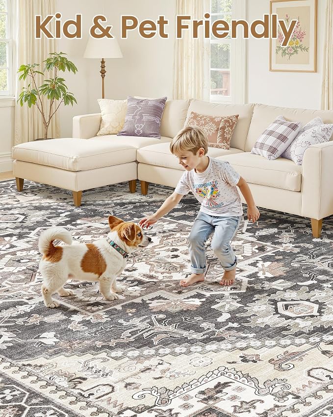 6ft Round Area Rug: Washable Vintage Neutral Soft Non Slip Thin Large Floor - Image 7