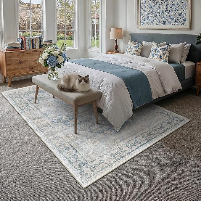 8x10 Washable Neutral Area Rug Blue Vintage Living Room Bedroom Carpet Non-Slip - Image 3