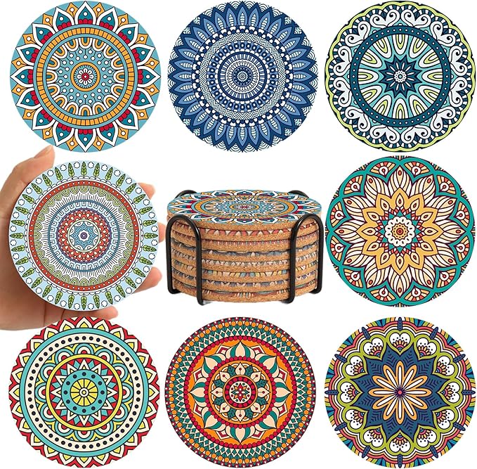 Cork Coasters Set of 8 with Holder, Colorful Cup Coasters by Puluole