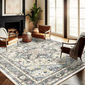 CHAMPLANT Washable Area Rug 9'x12' Cyan Khaki Retro Flowers Boho Design by CHAMPLANT