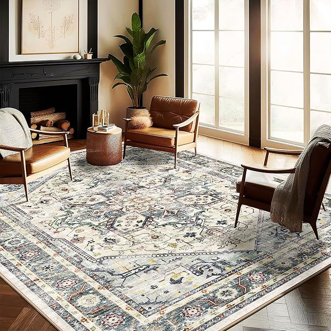 CHAMPLANT Washable Area Rug 9'x12' Cyan Khaki Retro Flowers Boho Design by CHAMPLANT