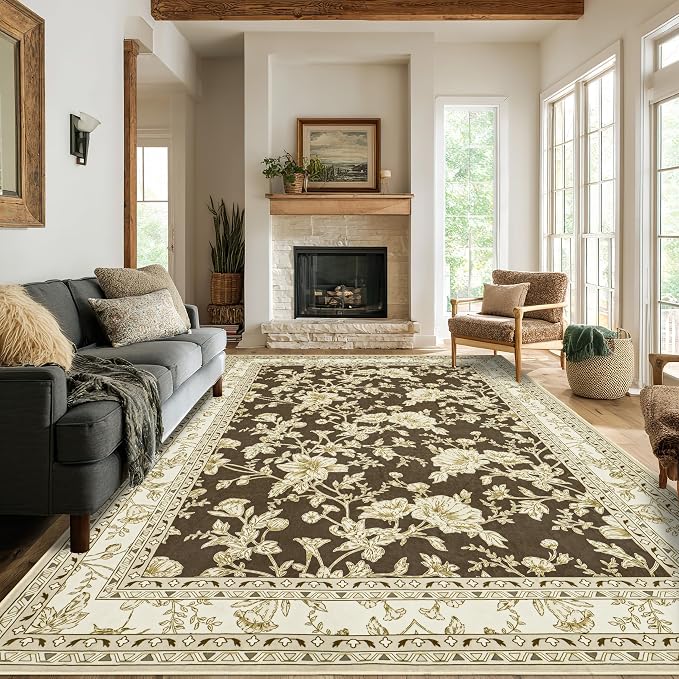 Extra Large Browm Area Rug for Living Room 10x14, Floral Dining Room Rugs for - Image 2