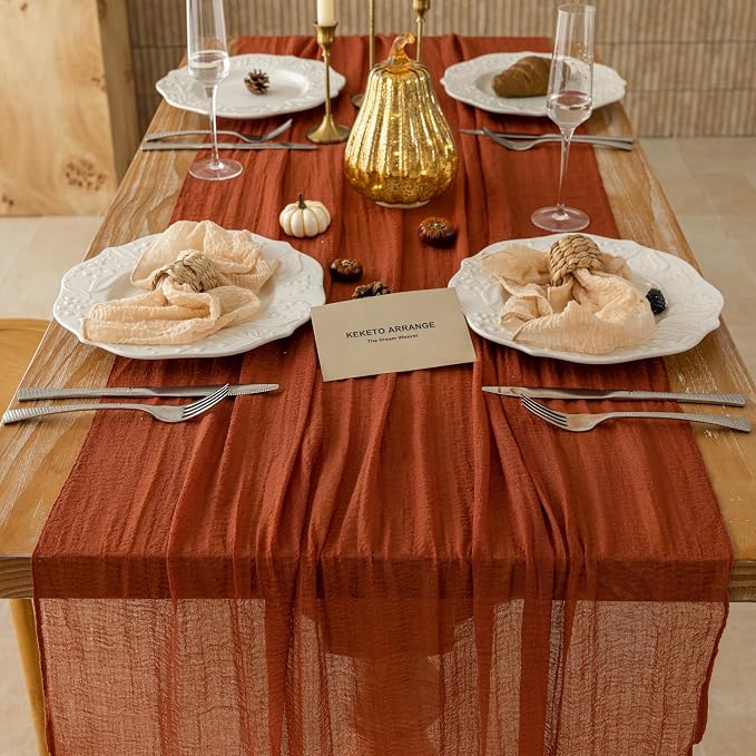 Fall Table Runner Terracotta Cheesecloth 120 Inch Party Home Decorations | - Image 3