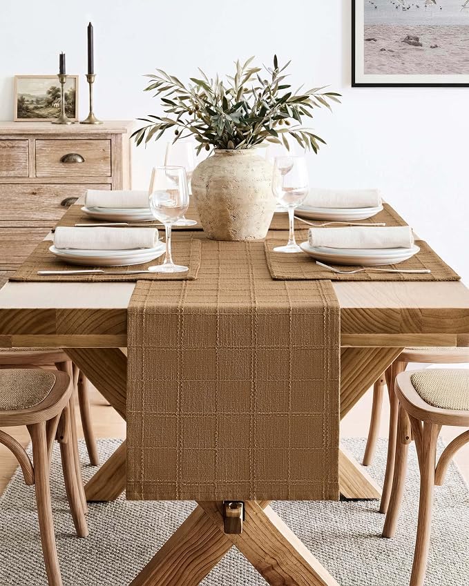 Linen Checked Farmhouse Table Runner, 13x48 Inches Roasted Brown | Raised Grid - Image 2