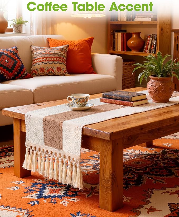 Pureegg Boho Table Runner 12 x 48 Inch, Woven Tassel Design | Dining Table - Image 7
