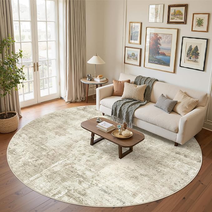 Soalmost 8x8 Beige Gray Round Rug 8ft Living Room Circle Rug Vintage Round Area - Image 2