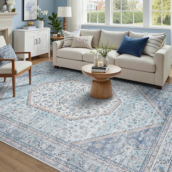DCX Machine Washable Blue and Beige Area Rug 4x6, Non Slip Stain Resistant by DCXWashableRug