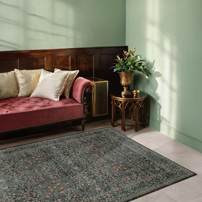 Dark Green Floral Living Room Rug 5x7 Area Rug - Image 5