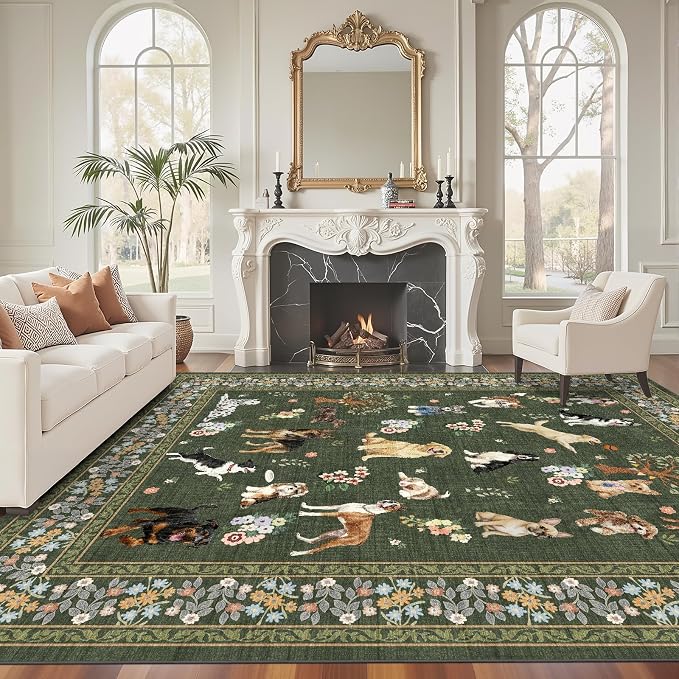 Dogs Area Rugs 9x12 Living Room, Washable Rug Non Slip Floral Low Pile Large Rug - Image 3