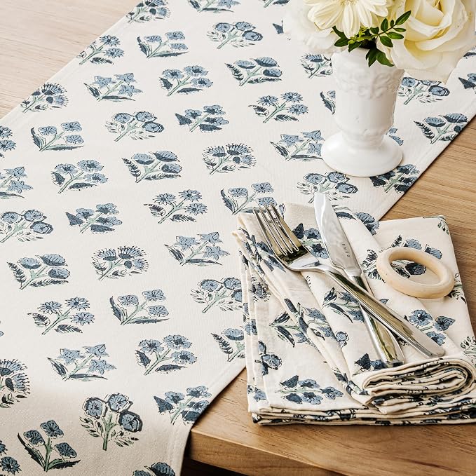 Block Print Floral Decorative Table Runners, 13x48 Inch Dusty Blue | 100% - Image 2