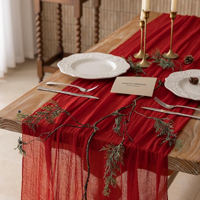 3Pcs Red Cheesecloth Table Runner 120 Inches by KEKETOARRANGE