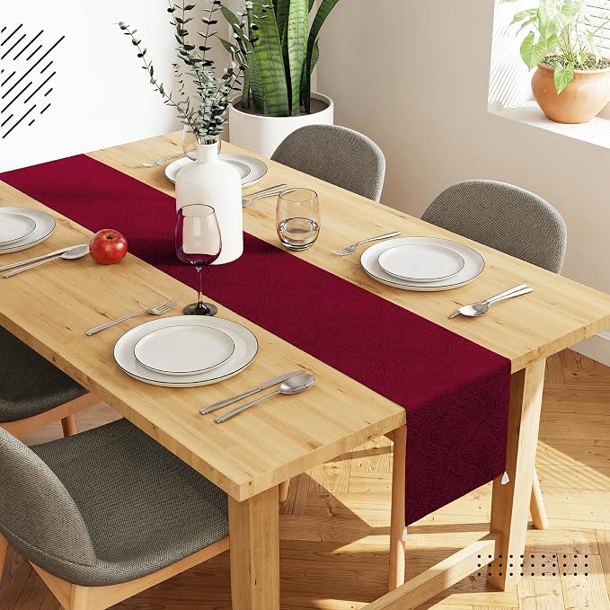 Encasa XO Table Runner, Embossed Velvet, Elegant 13"x72" | Maroon, 175 GSM - Image 2