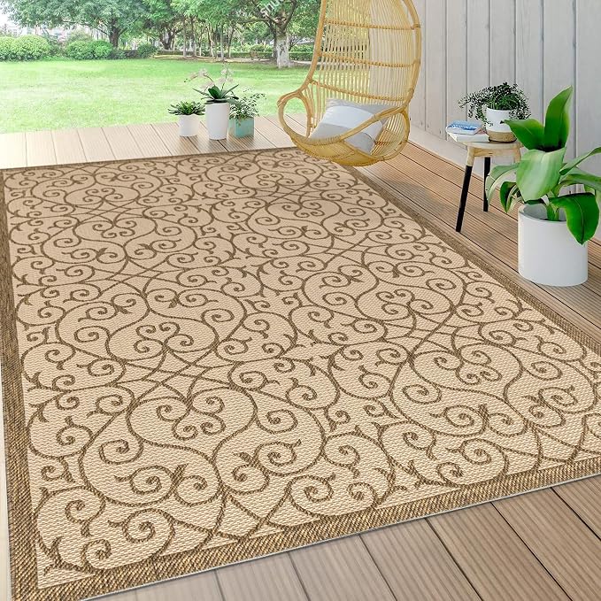 JONATHAN Y Vintage Filigree Indoor Outdoor Area Rug 5X8 Beige/Brown, Madrid - Image 3