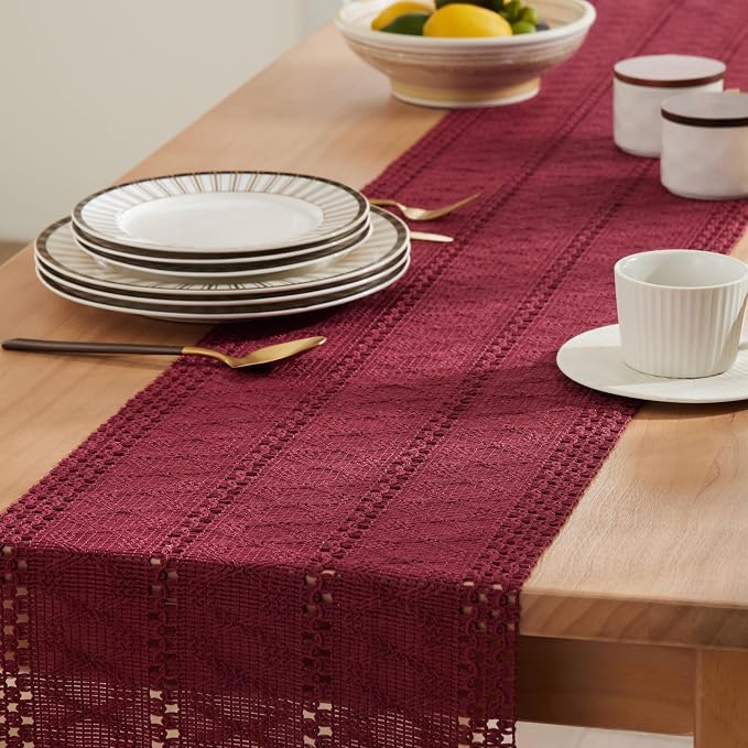 Macrame Style Boho Table Runner, 12x48 Inch Burgundy | Woven Boho Table Runner - Image 5