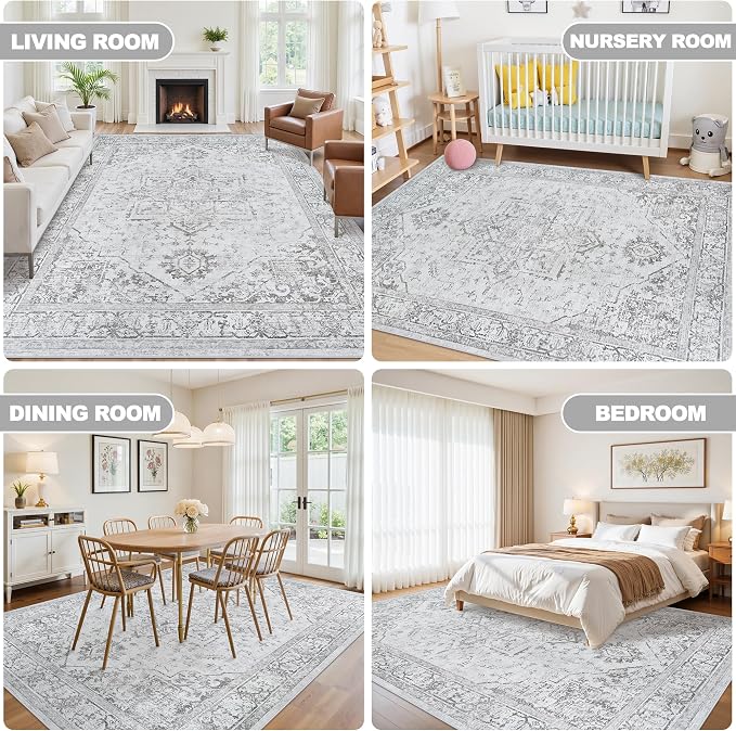 9x12 Area Rugs for Living Room:Gray Washable Vintage Medallion Rug Non-Slip - Image 6