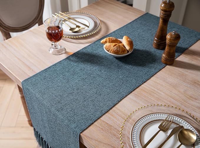 Blue Table Runners 108 Inches Long, Burlap Linen Style Rustic Farmhouse Table - Image 4